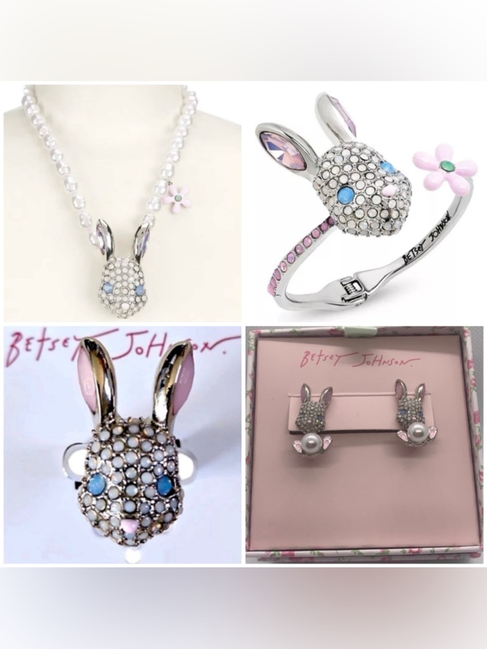 BETSEY JOHNSON SET Easter Spring Bunny Necklace Bracelet Ring & Earrings NEW NWT